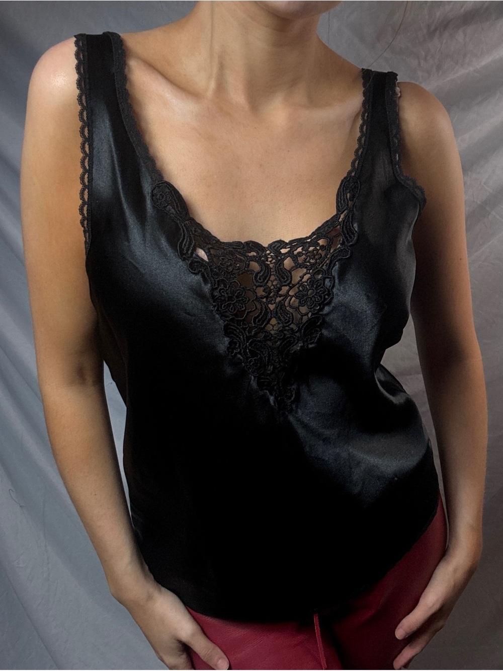 Vintage Black Lace Trim Satin Cami Top